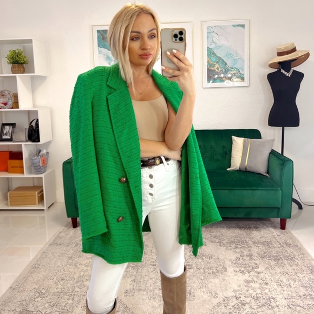 Zara Tweed Green Double Breasted Jacket